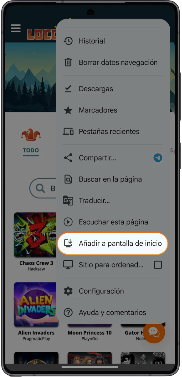 Un teléfono móvil con una captura de pantalla con «Añadir a la pantalla de inicio» botón.