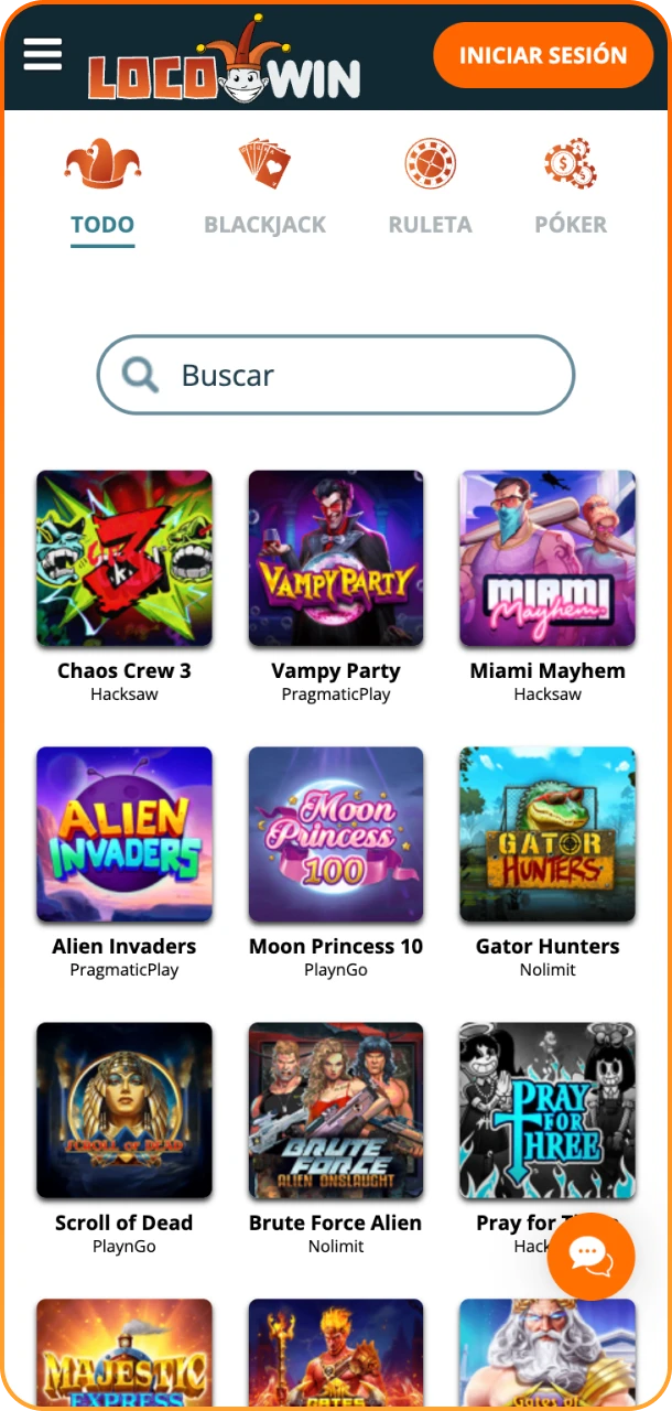 Captura de pantalla de la página de juegos en la aplicación Locowin.
