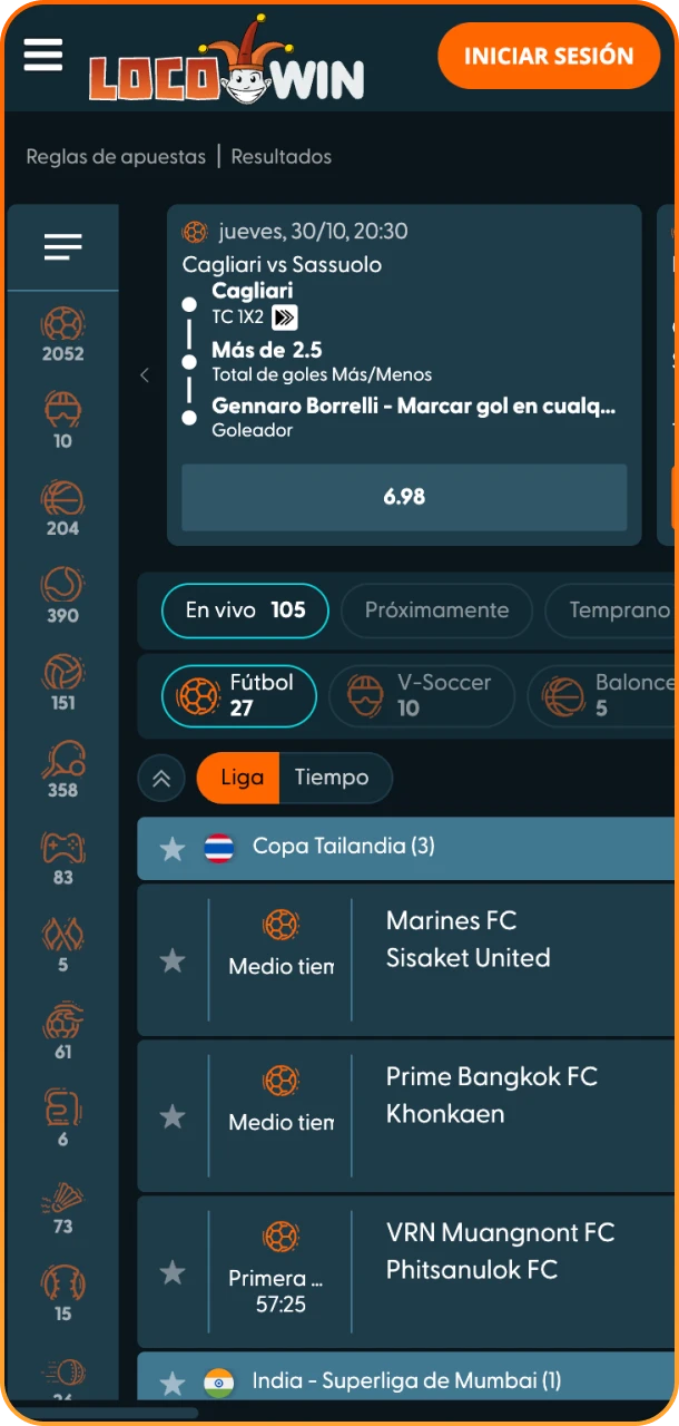 Captura de pantalla de la página de apuestas de Locowin en la aplicación.