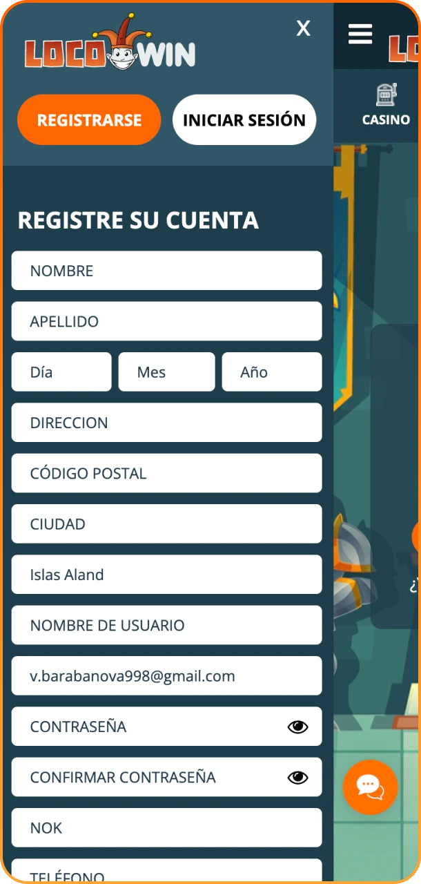 Captura de pantalla de la ventana de registro en la versión móvil de Locowin.