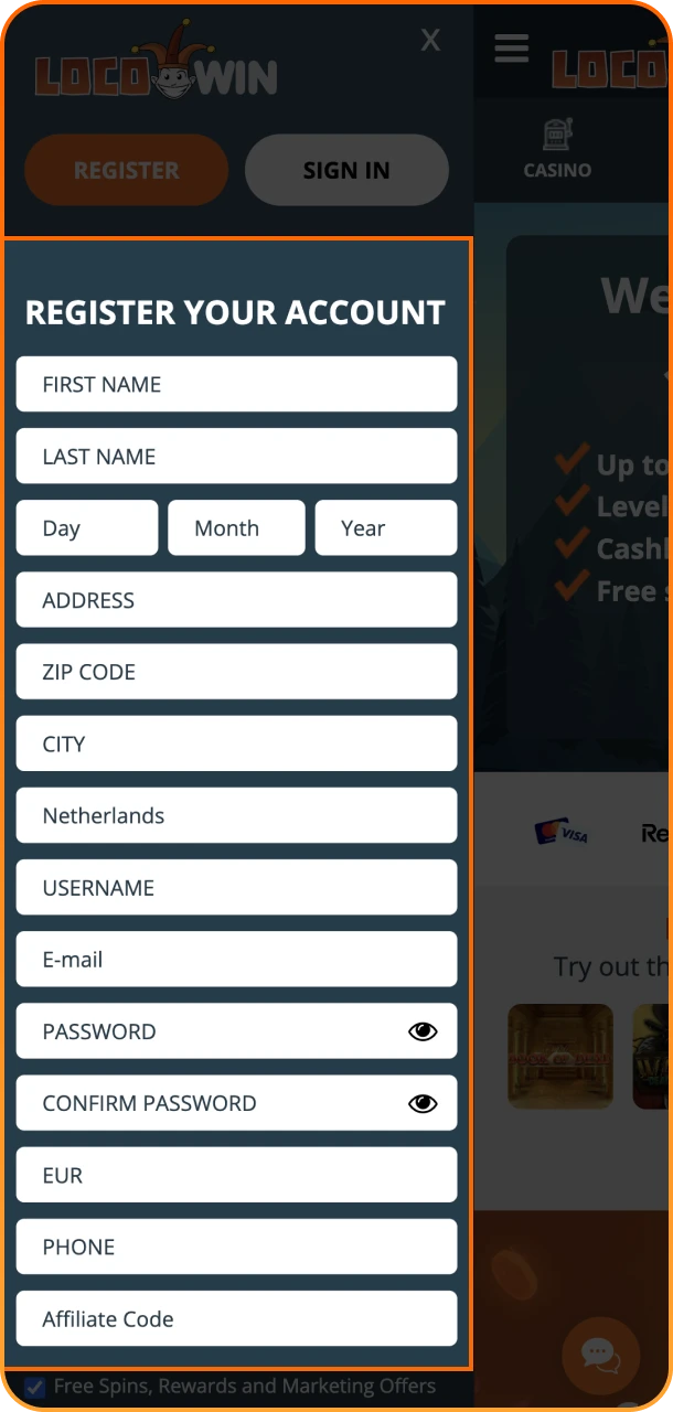 Fill out the form and join Locowin casino.