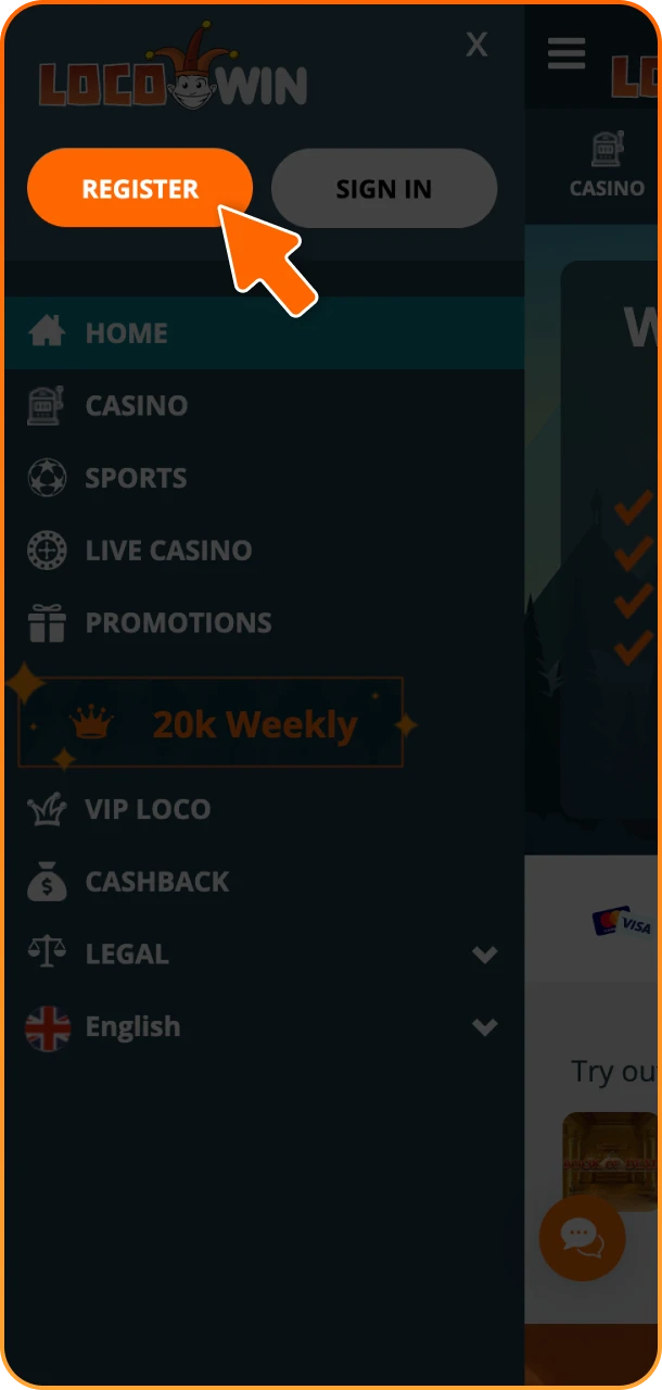 Open the sign-up form and begin with Locowin.
