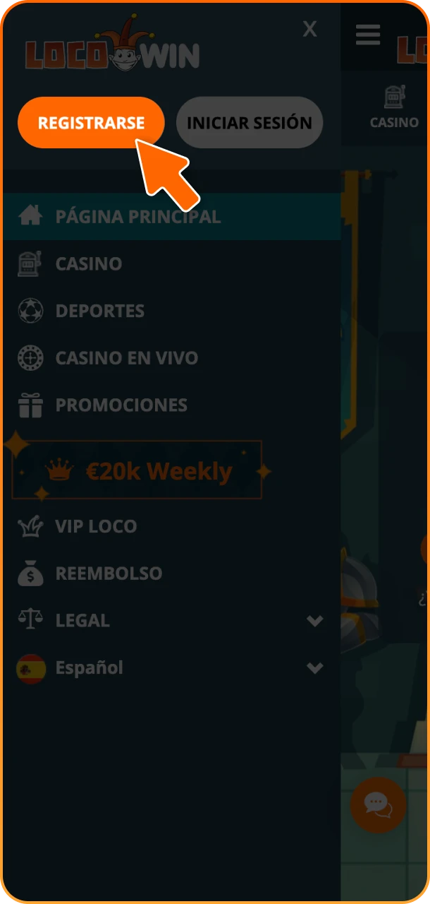 Captura de pantalla con el botón "Registrarse".