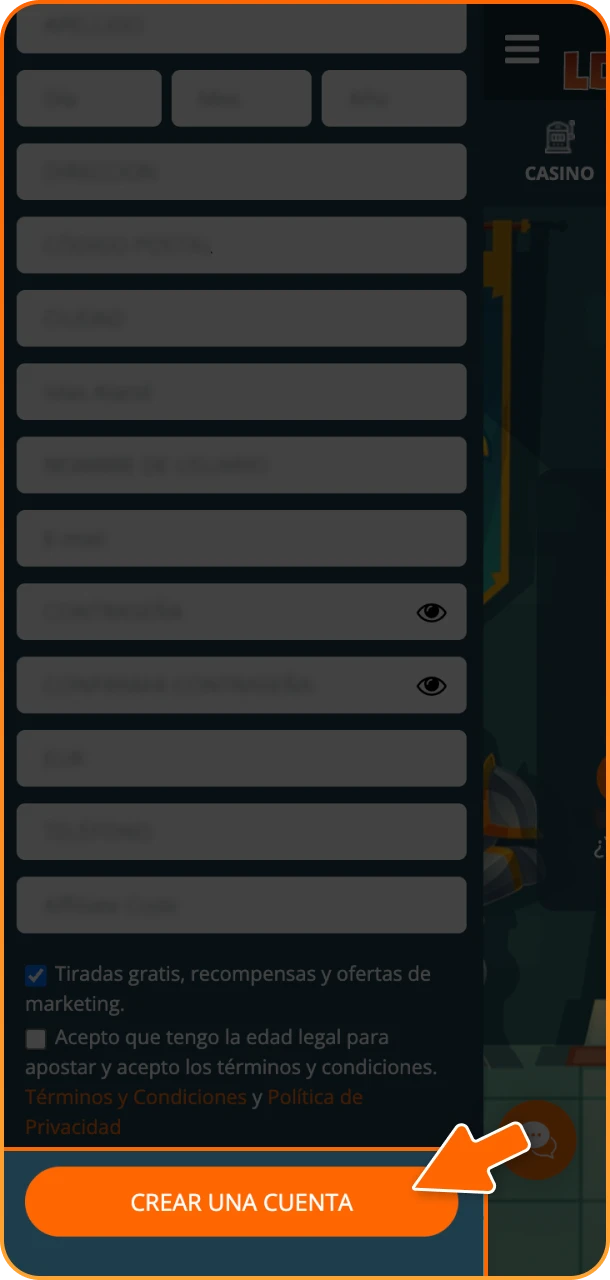 Captura de pantalla de el boton "Crear una cuenta" en Locowin.