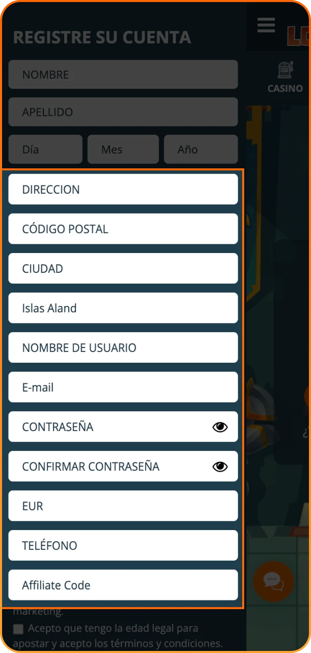 Captura de pantalla de la ventana de registro de cuenta.