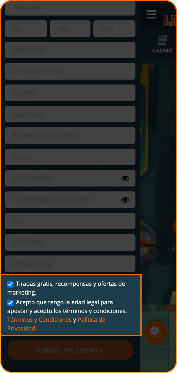 Captura de pantalla de los botones de aceptación de las condiciones en Locowin.